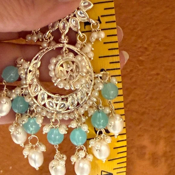 Indian ethnic Silver Gold and Aqua Floral Chandelier Earrings - Picture 6 of 6